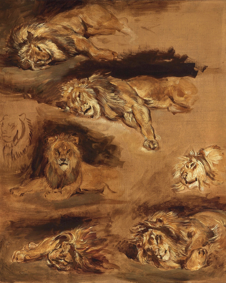 Composite of Eugène Delacroix, Études de lions couches (detail), c. 1841; Alexander Calder, Untitled, c. 1946 © 2026 Calder Foundation, New York / Artists Rights Society (ARS), New York; Willem de Kooning, Figures in a Landscape #2, 1976 © 2026 The Willem de Kooning Foundation / Artists Rights Society (ARS), New York